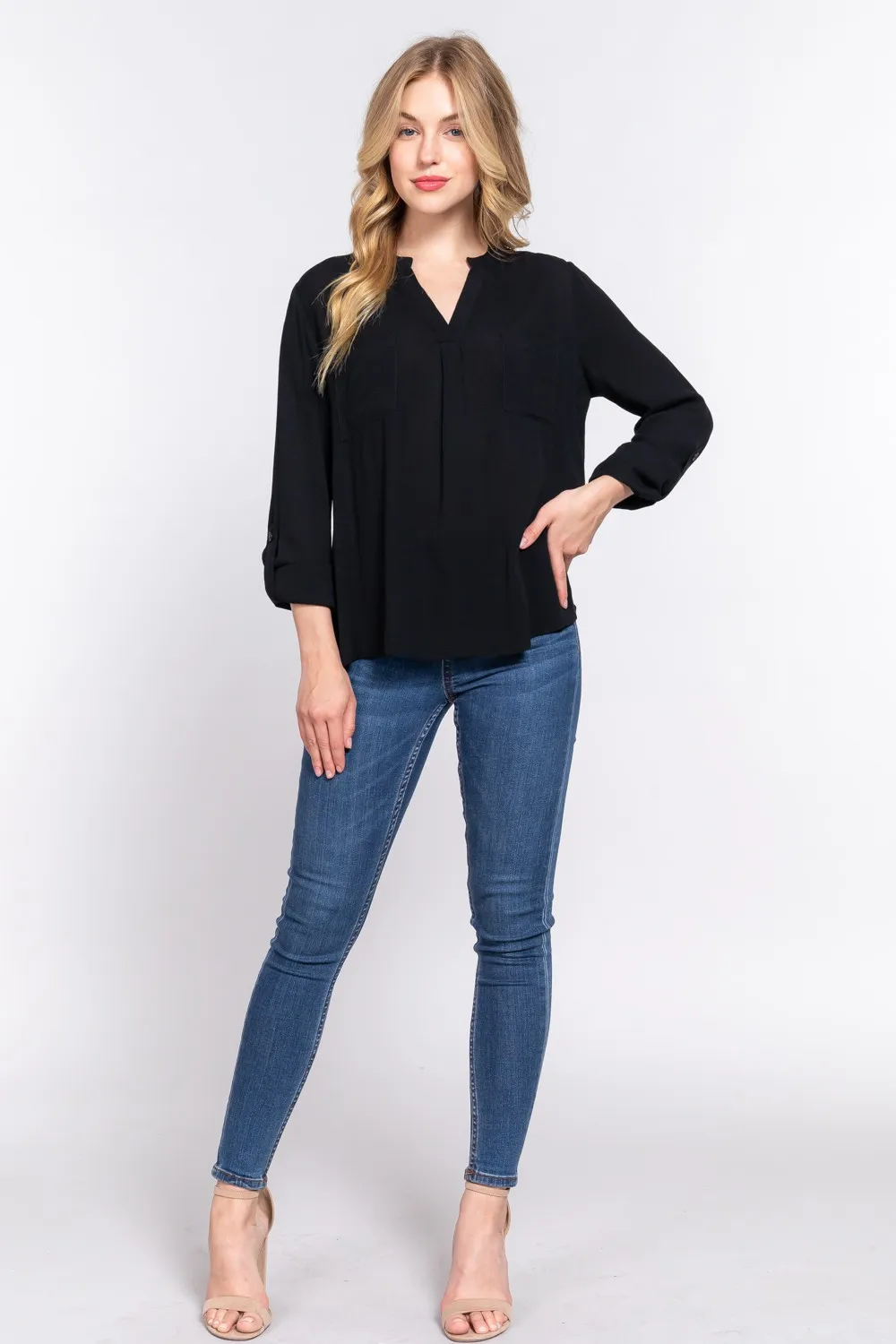 Full Size Notched Long Sleeve Woven Top, image 2