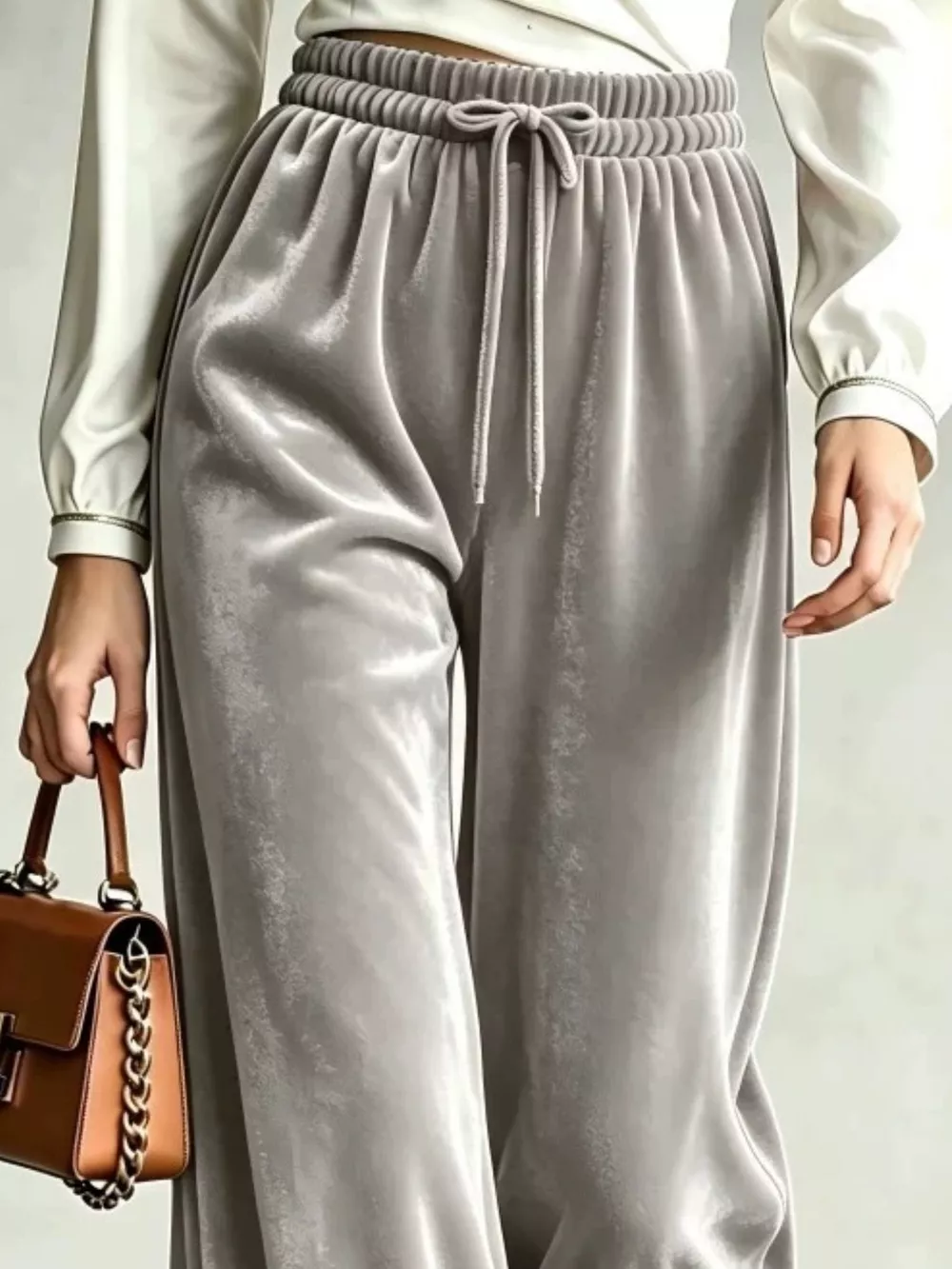 Velvet Wide-Leg Pants with Drawstring, image 7