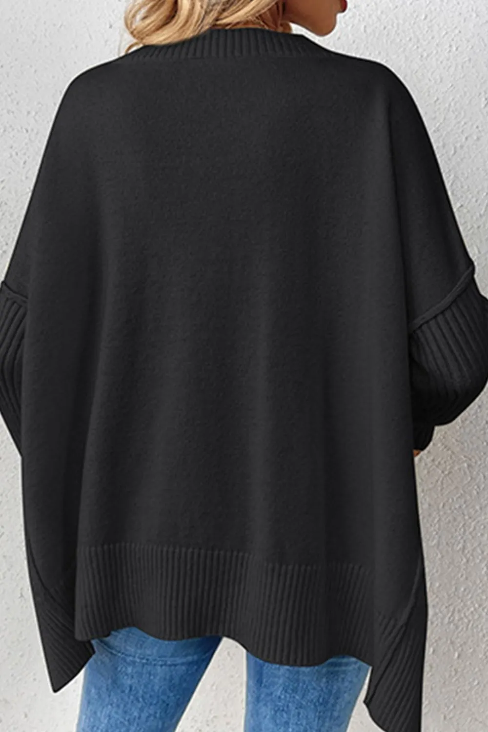 Slit V-Neck Dropped Shoulder Sweater, image 2