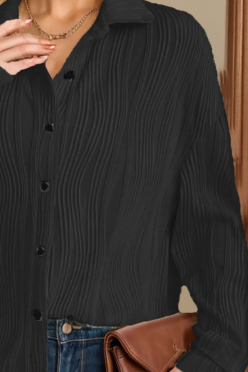 Textured Collared Neck Long Sleeve Shirt, image 3