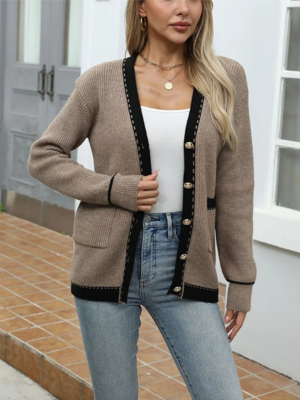 Contrast Trim Button Up Long Sleeve Cardigan, image 9
