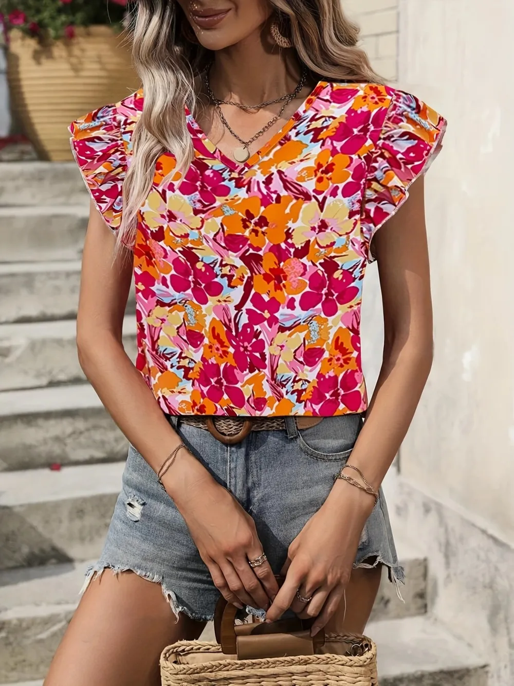 Printed V-Neck Cap Sleeve Blouse, image 4