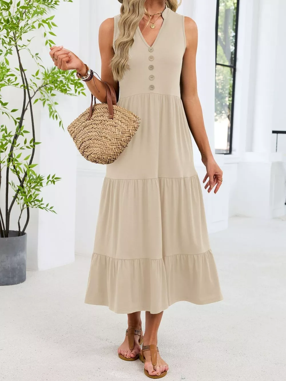 Sleeveless Notched Tiered Midi Dress, image 26