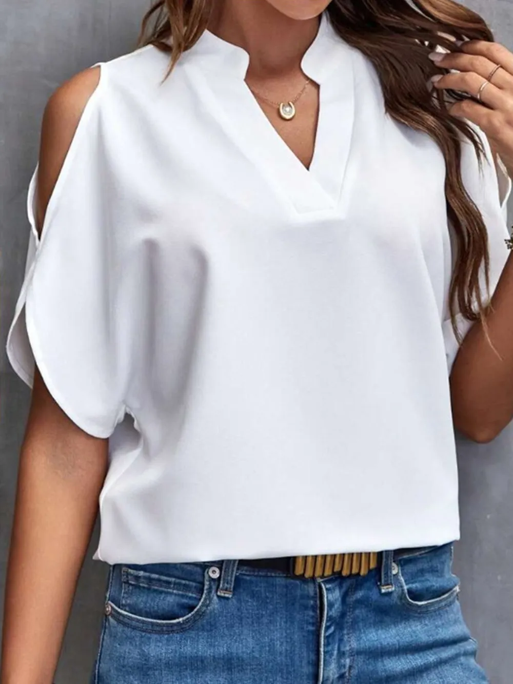 Notched Cold Shoulder Half Sleeve Blouse, image 5