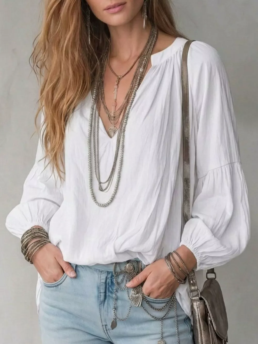 Notched Balloon Sleeve Blouse, image 2