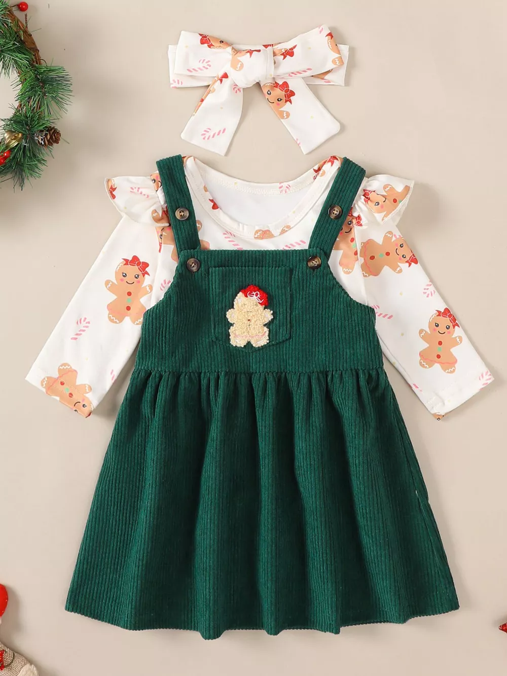 Children's Christmas Bodysuit and Overall Dress Set with Headband, image 2