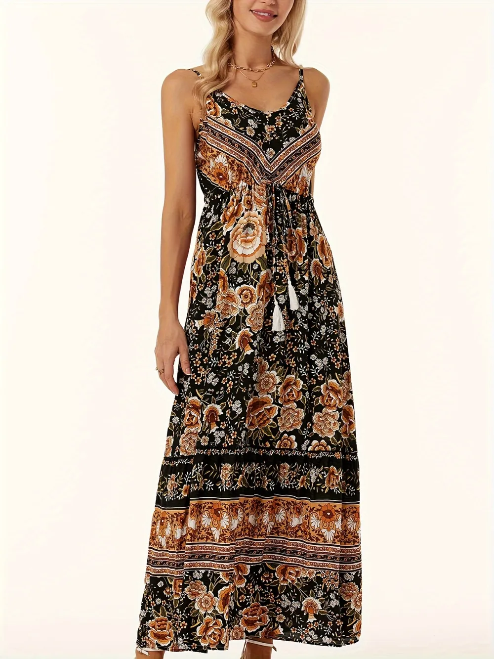 Printed Scoop Neck Midi Cami Dress, image 8