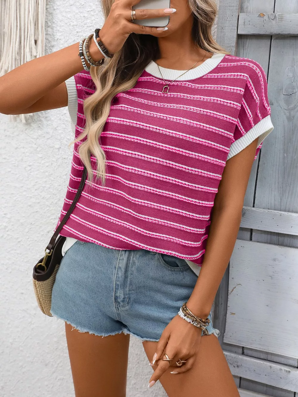 Striped Round Neck Short Sleeve Sweater, image 3