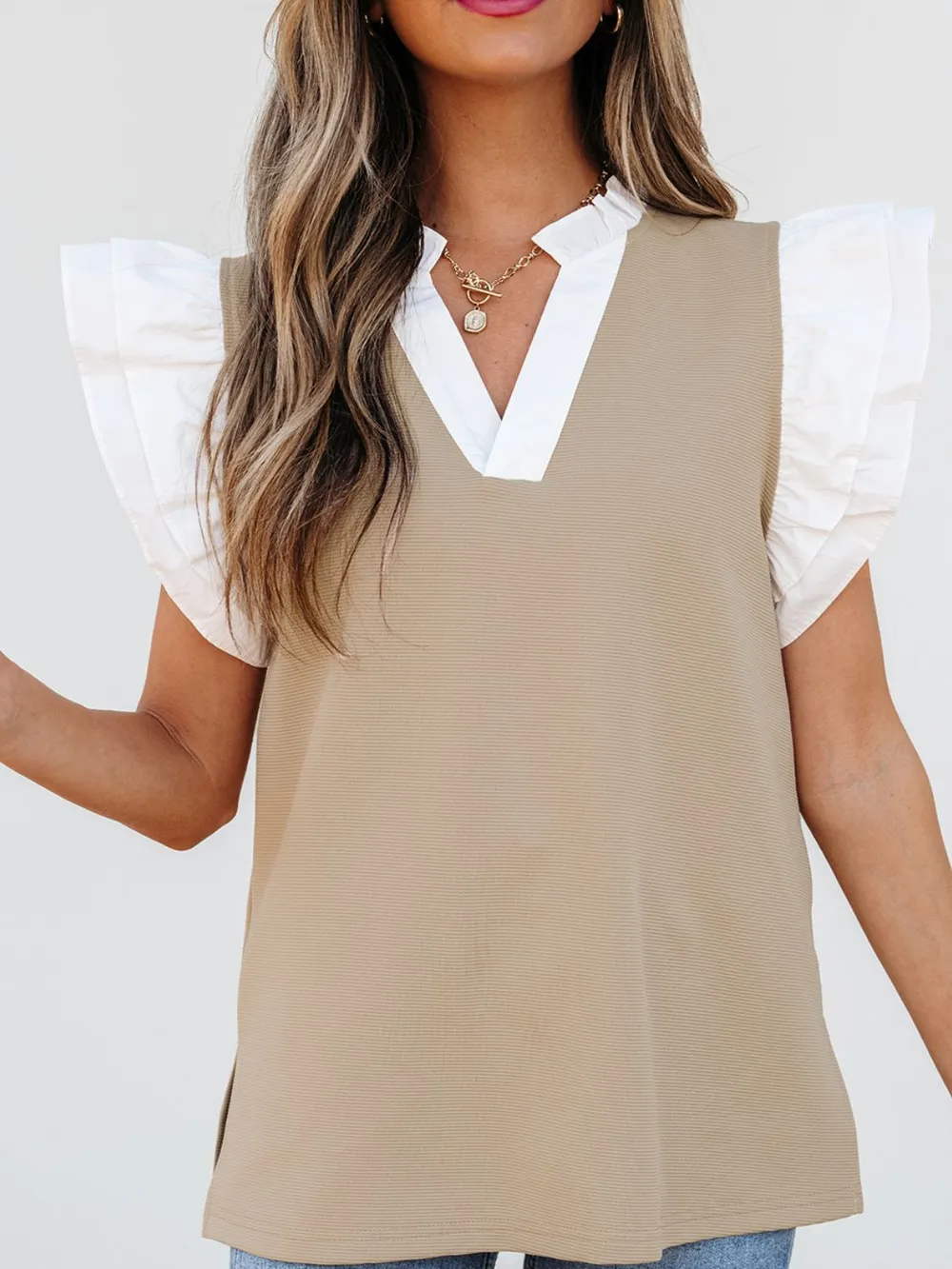 Ruffled Notched Cap Sleeve Top, image 10