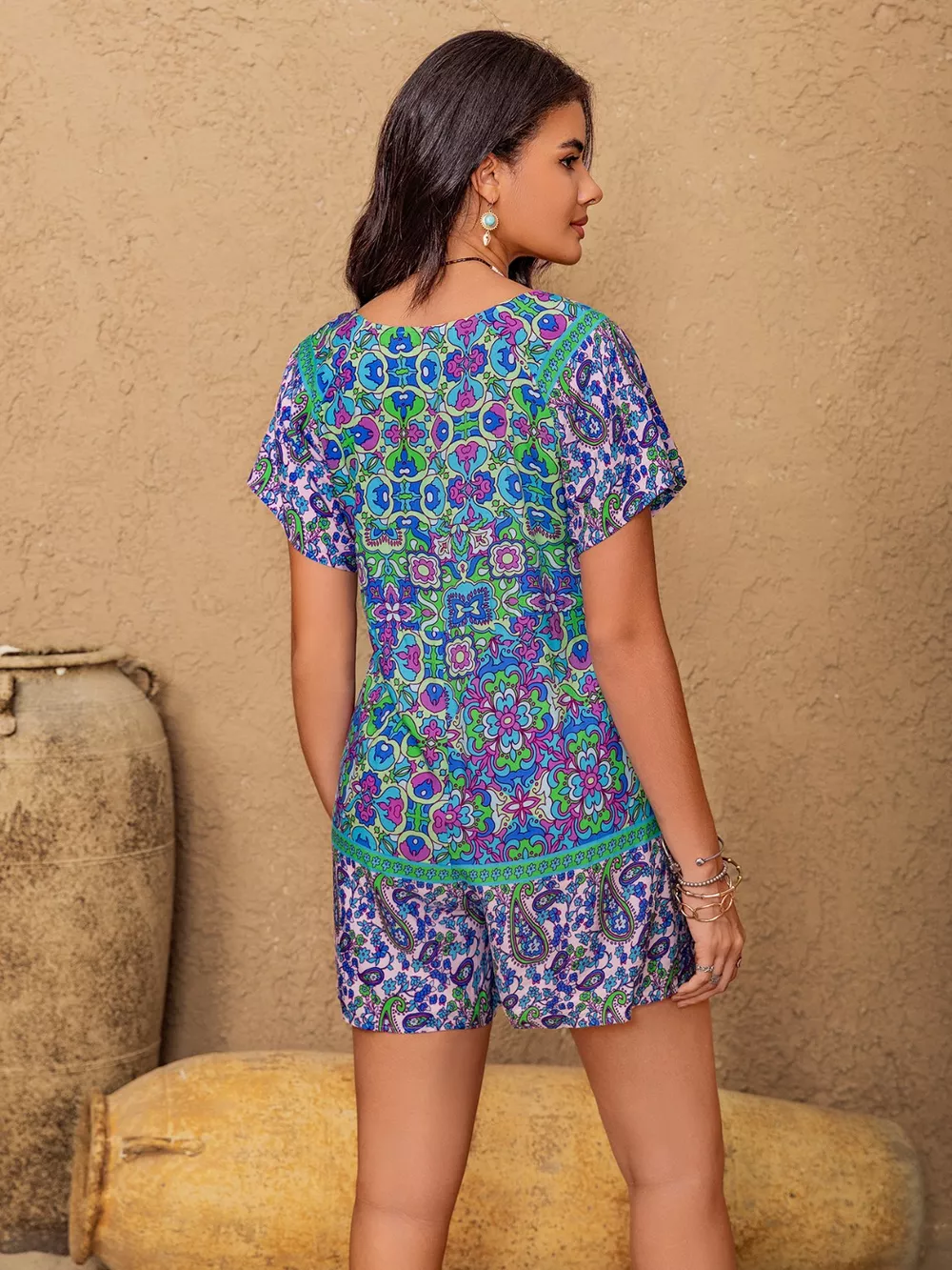 Printed Tie Front Short Sleeve Romper, image 8