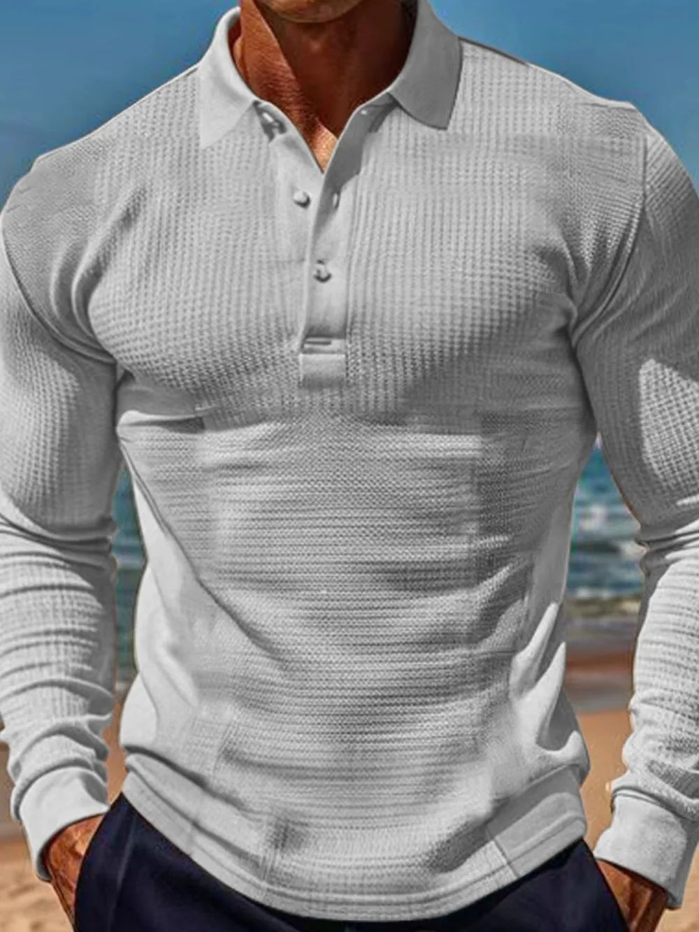 Men's Full Size Waffle-Knit Quarter Button Polo Plus Size, image 3