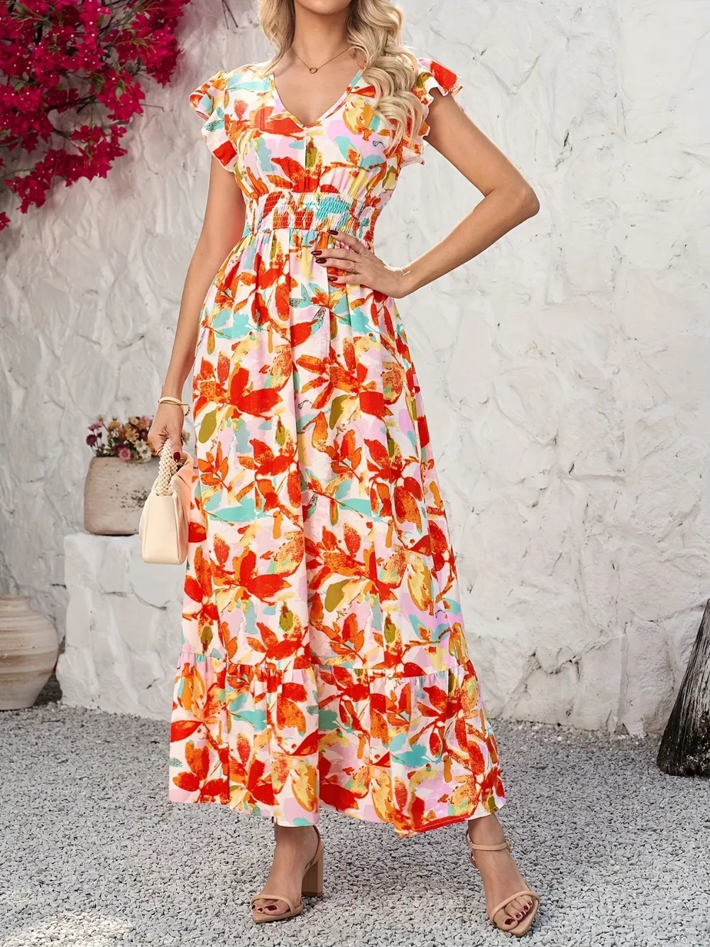 Ruffled V-Neck Cap Sleeve Dress, image 3