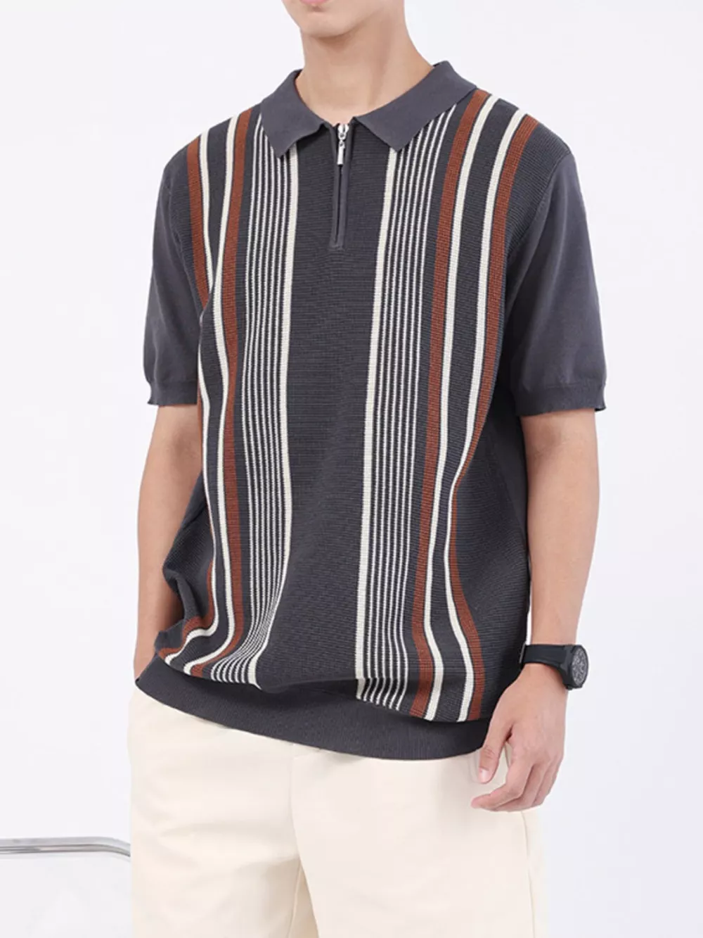 Men's Plus Size Striped Knit Polo with Zipper, image 2