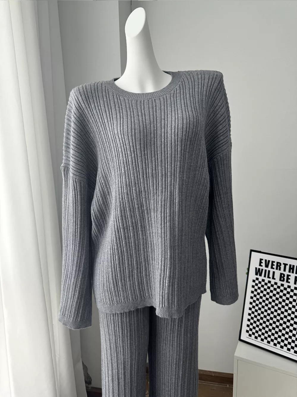 3-Piece Crew Neck Ribbed Sweater and Wide-Leg Pants Set with Scarf, image 14