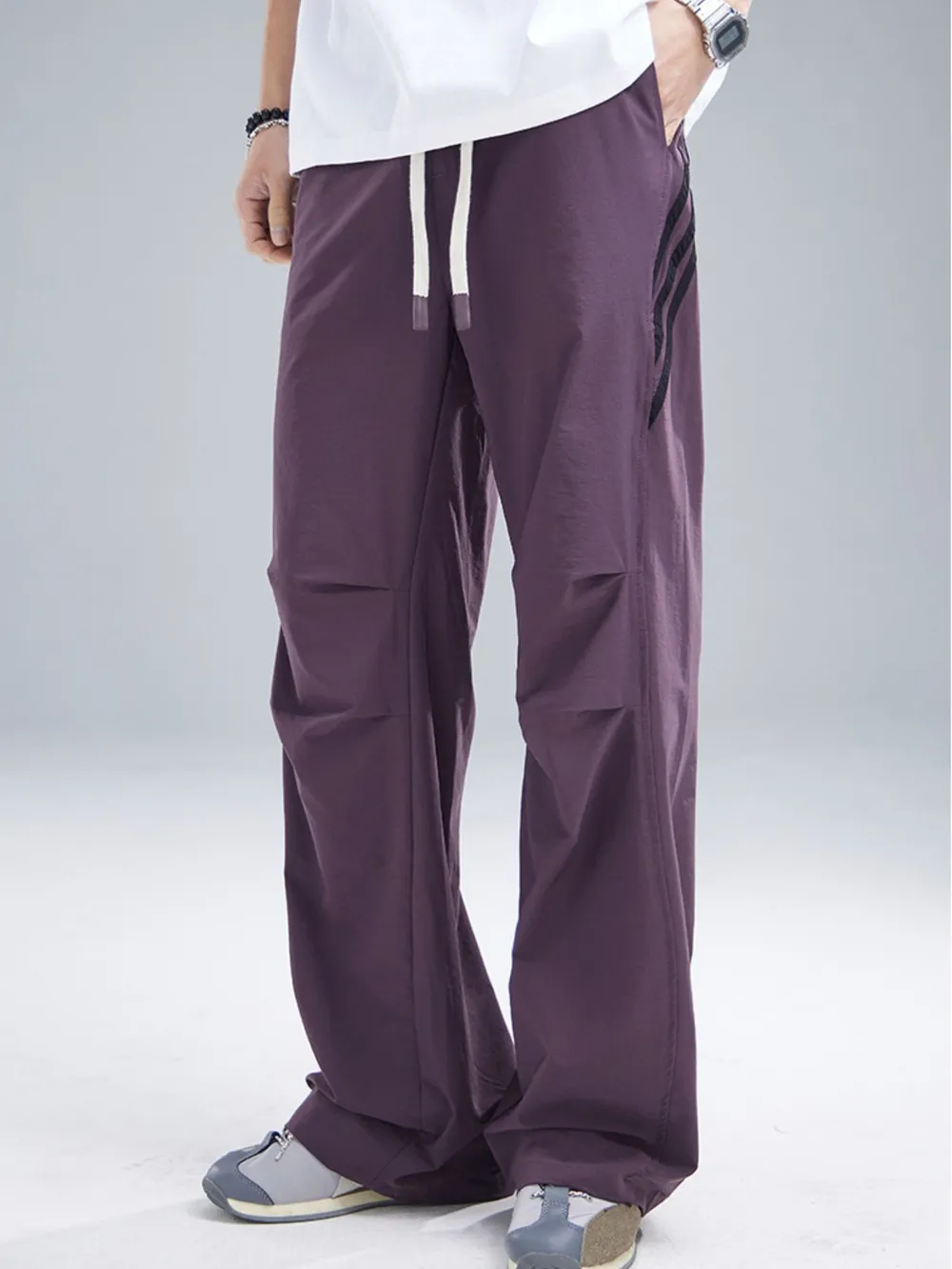 Men's Drawstring Ruched Pants with Side Stripes, image 10