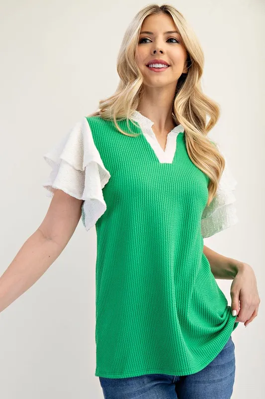Full Size Solid Color Top with Ruffle Layered Sleeves Plus Size, image 4