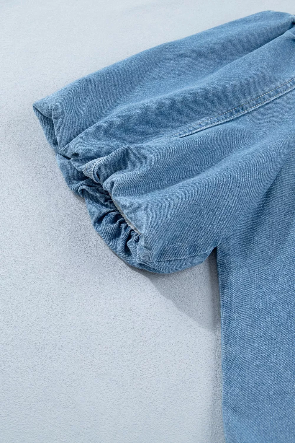 Button Down Short Puff Sleeve Ruffle Hem Denim Dress, image 12