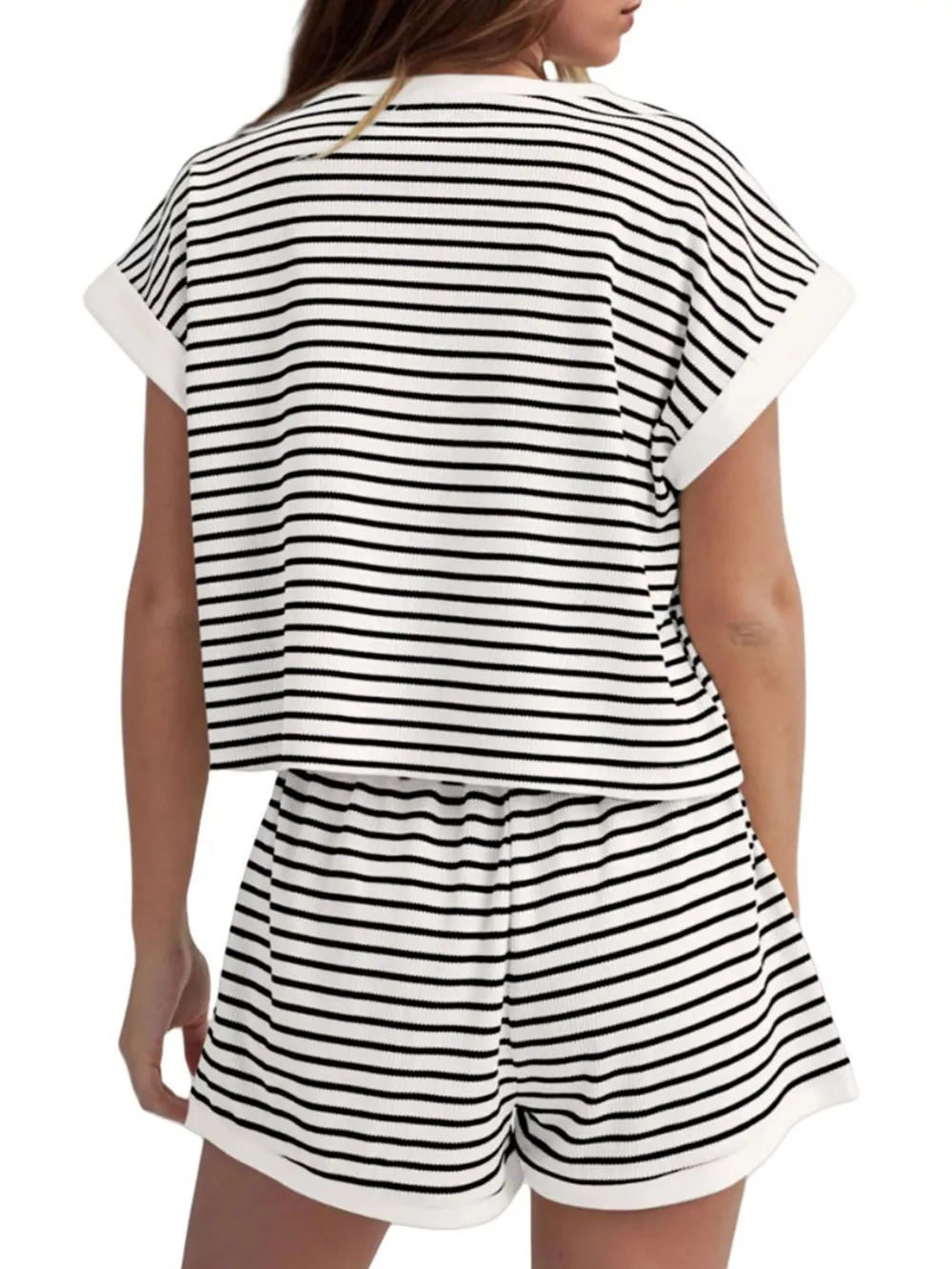 Full Size Striped Round Neck Top and Shorts Set Plus Size, image 16