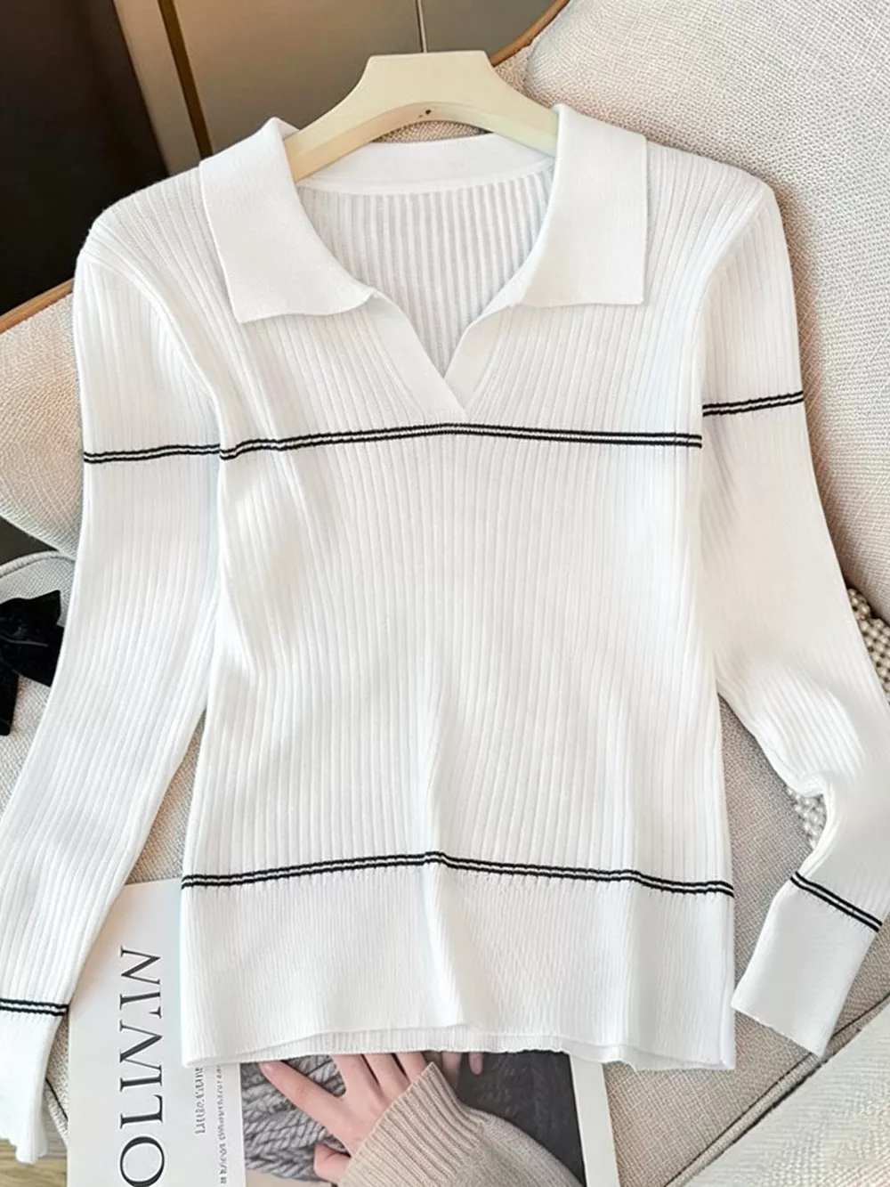 Ribbed Knit Top with Contrast Shawl, image 7