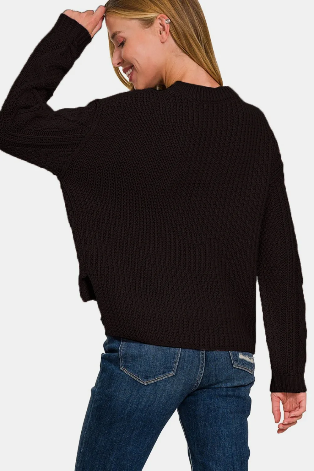 Cropped High Low Cable Sweater with Side Slits, image 2