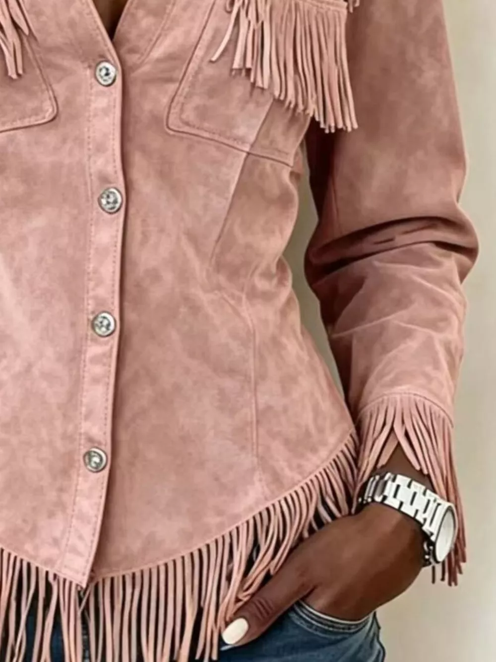 Full Size Fringed Snap Down Jacket Plus Size, image 12