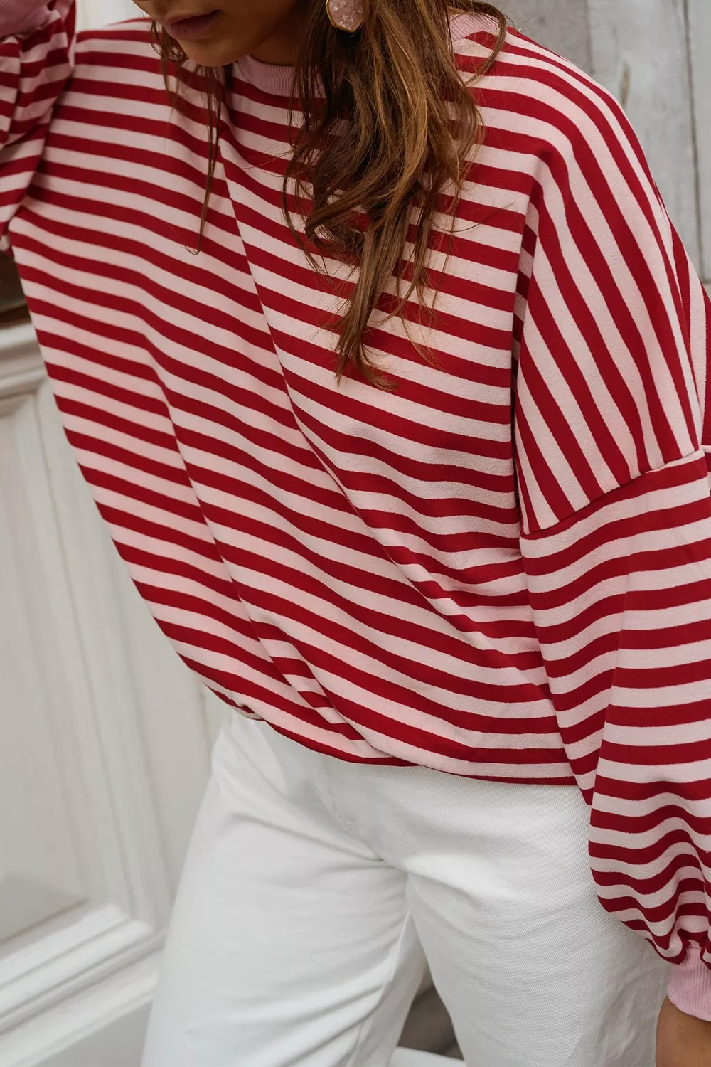 Cutout Back Striped Round Neck Sweatshirt, image 3