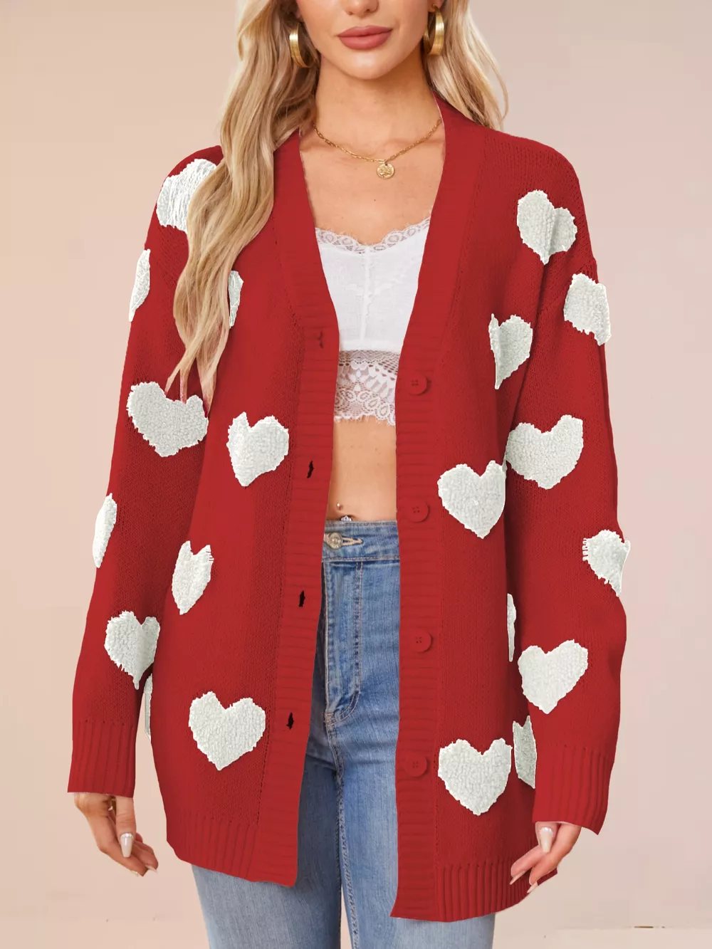 Heart Pattern Knit Button-Up Cardigan, image 8