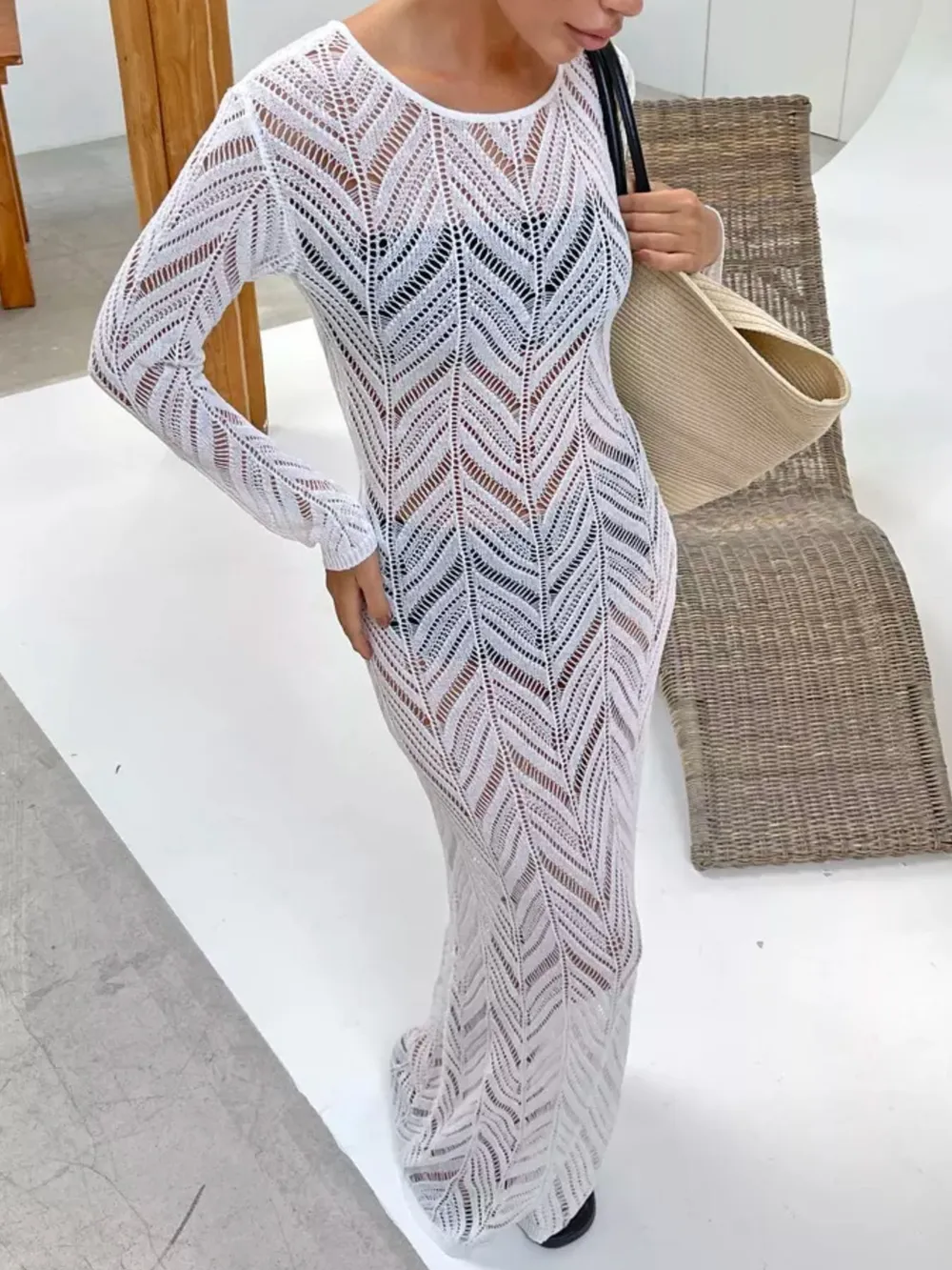 Openwork Long Sleeve Knit Cover Up Dress, image 16