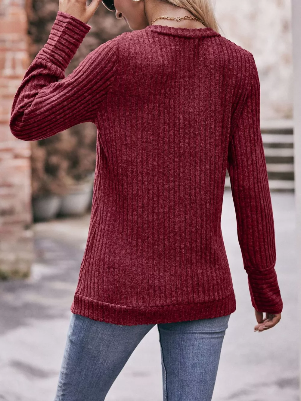 V-Neck Ribbed Knit Long Sleeve T-Shirt, image 11
