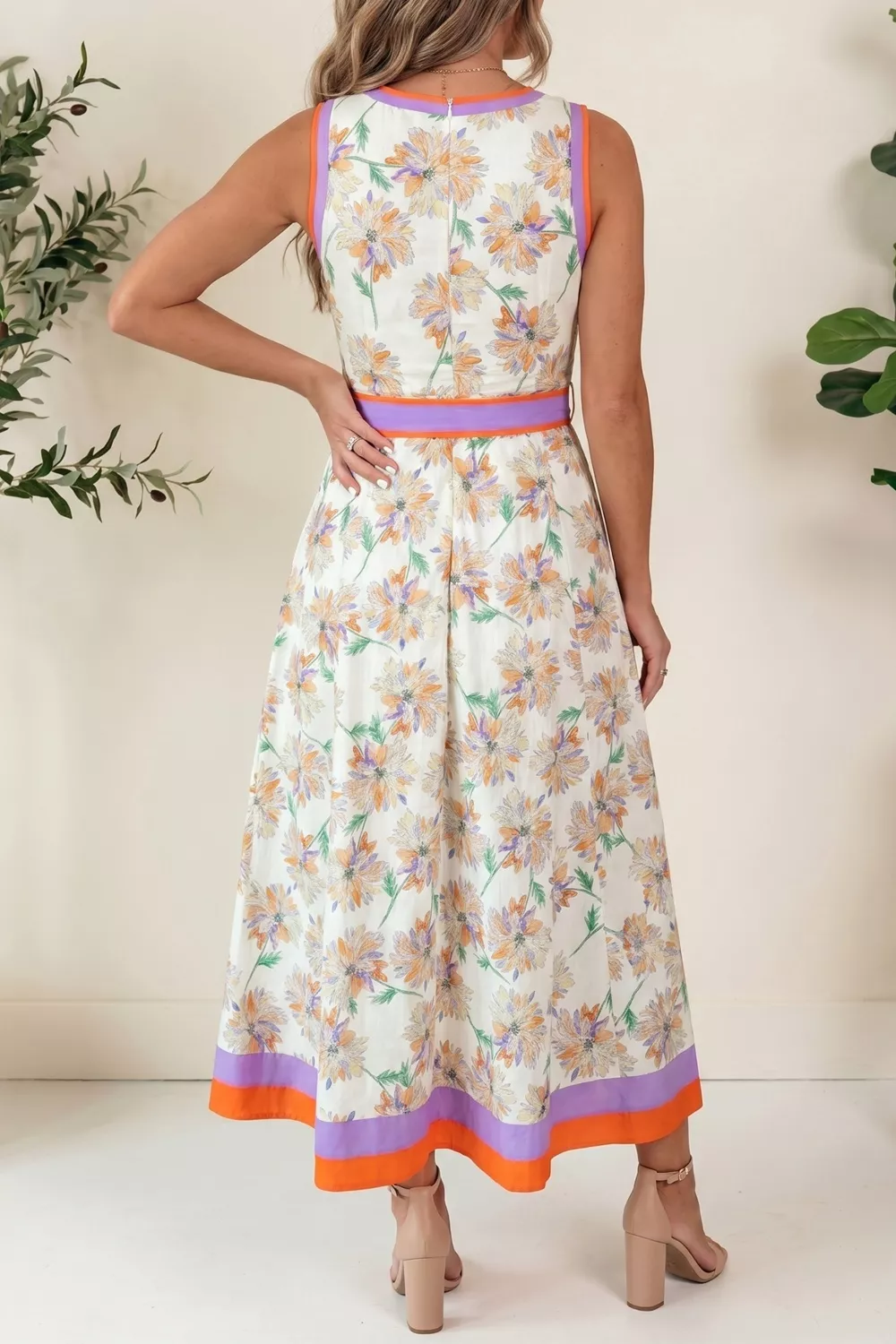 Floral Print Color Block Trim Belted Sleeveless Dress, image 2