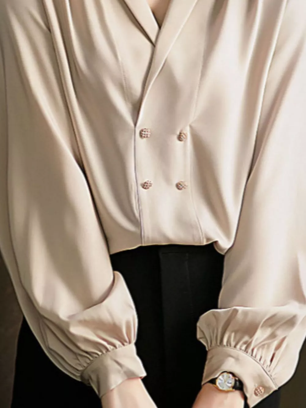 Ruched Front Decorative Button Long Sleeve Blouse, image 2
