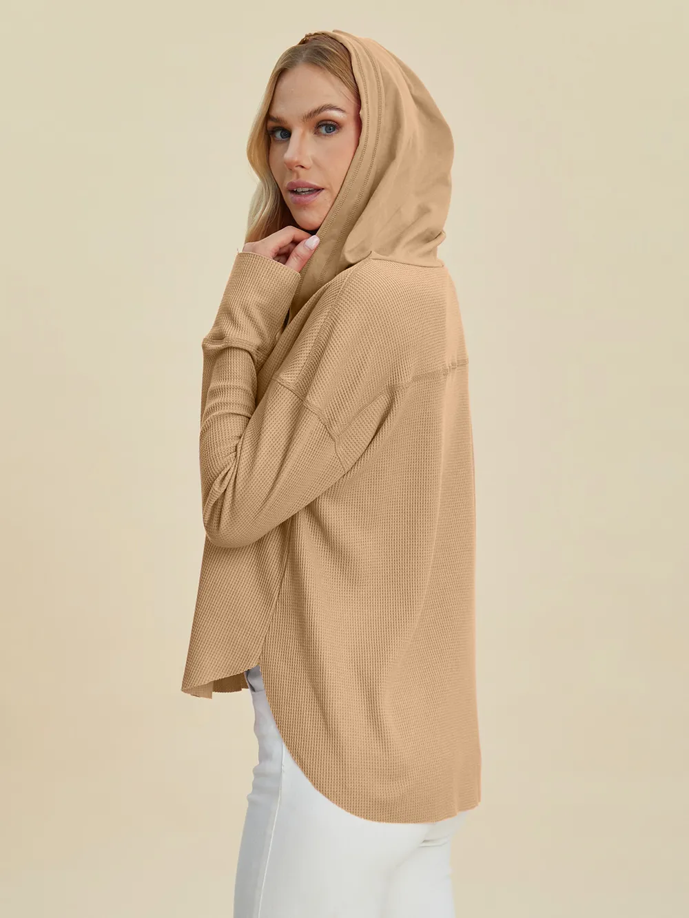 Full Size High-Low Dropped Shoulder Long Sleeve Hoodie, image 11