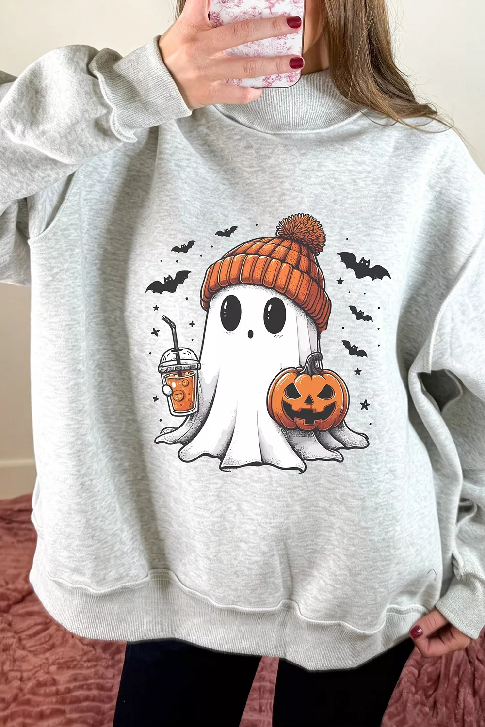 Reversible Halloween Graphic Mock Neck Tunic Sweatshirt, image 5