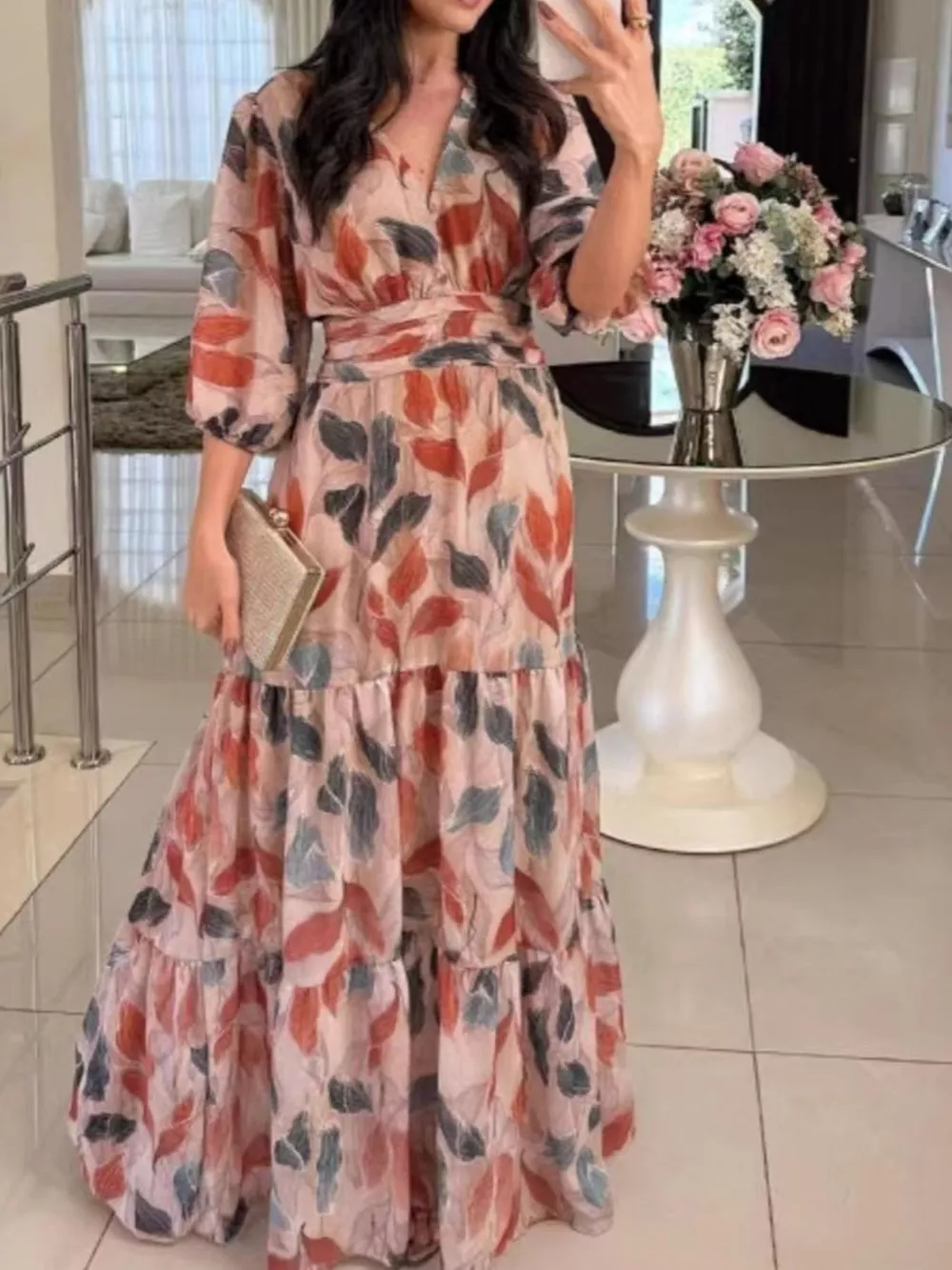 Full Size Printed V-Neck Maxi Dress with Tiered Hemline Plus Size, image 9