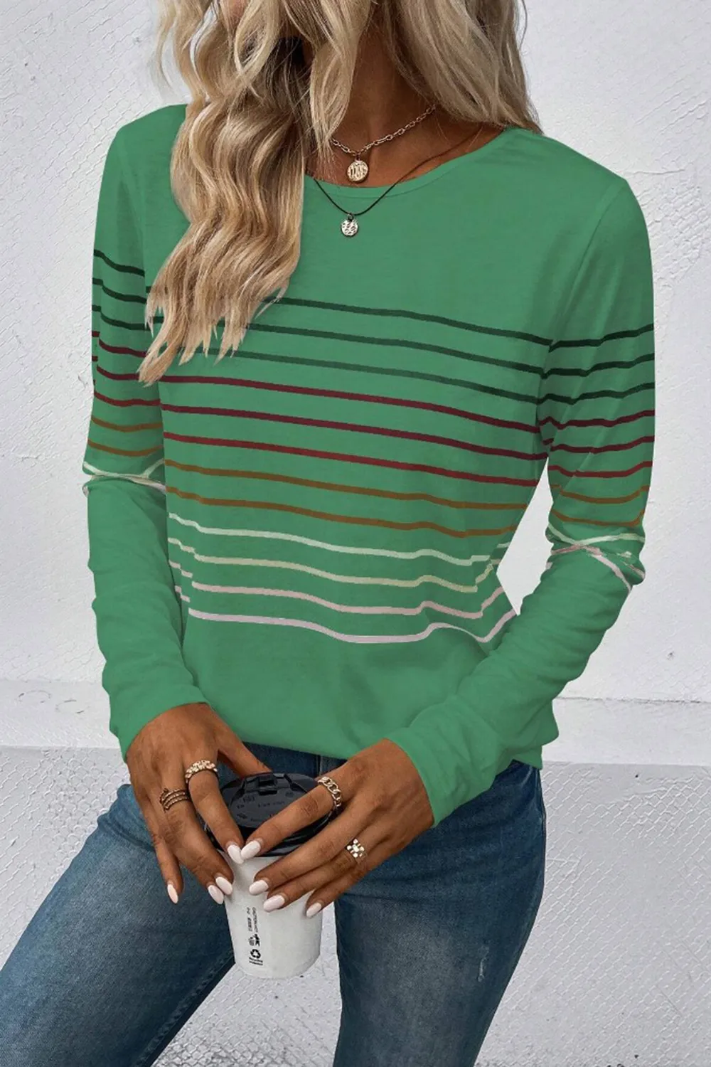 Striped Round Neck Long Sleeve T-Shirt, image 7
