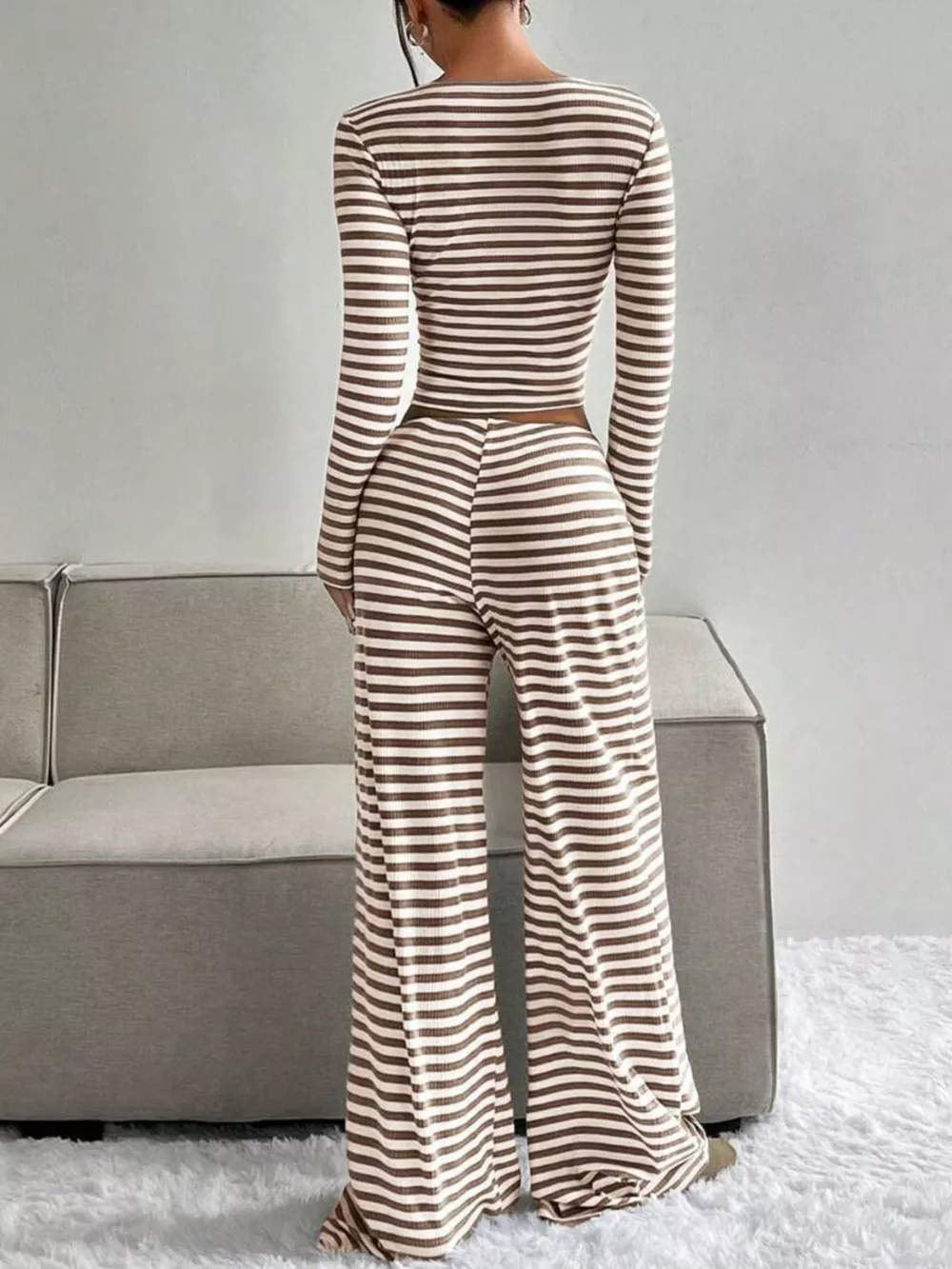 Striped Long Sleeve Crop Top & Wide Leg Pants Set, image 4