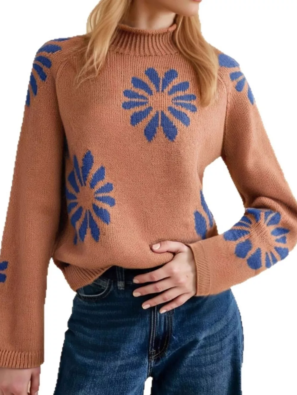 Flower Mock Neck Raglan Sleeve Sweater, image 4