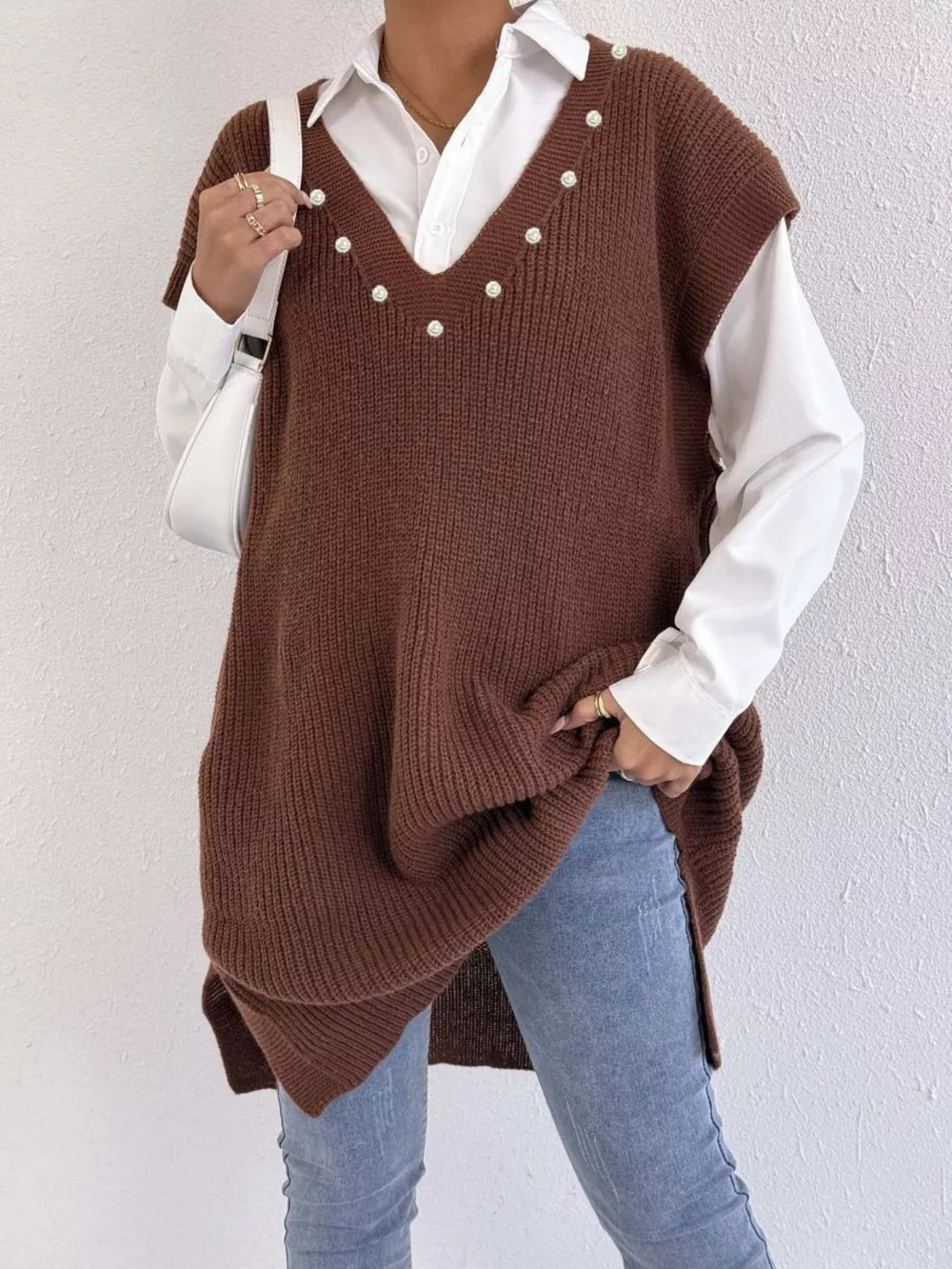 Slit V-Neck Sweater Dress, image 5