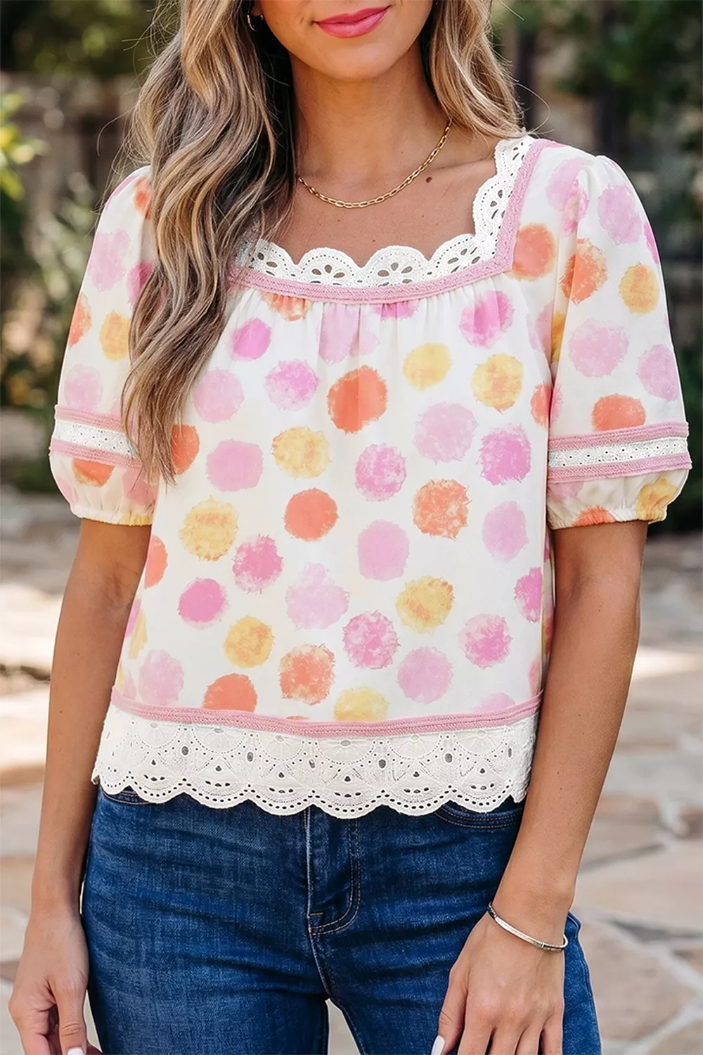 Polka Dot Lace Trim Square Neck Puff Sleeve Blouse, image 4
