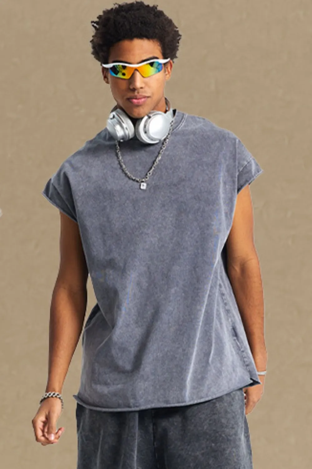 Men's Washed Round Neck Tank, image 3