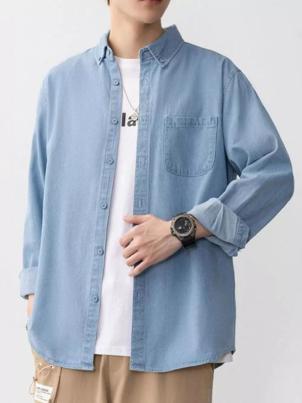Men's Plus Size Button Up Long Sleeve Denim Shirt, image 9