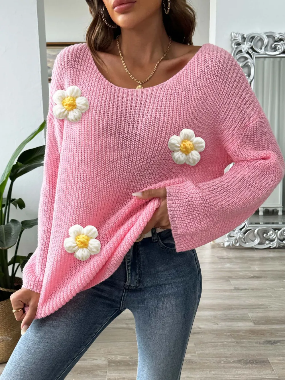 Flower Round Neck Long Sleeve Sweater, image 4