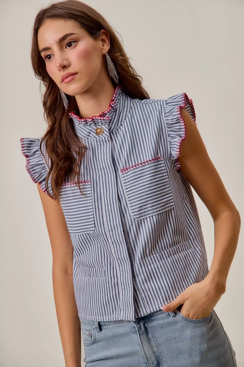 Stripe Twill Stitch Ruffled Hidden Button Vest Top
