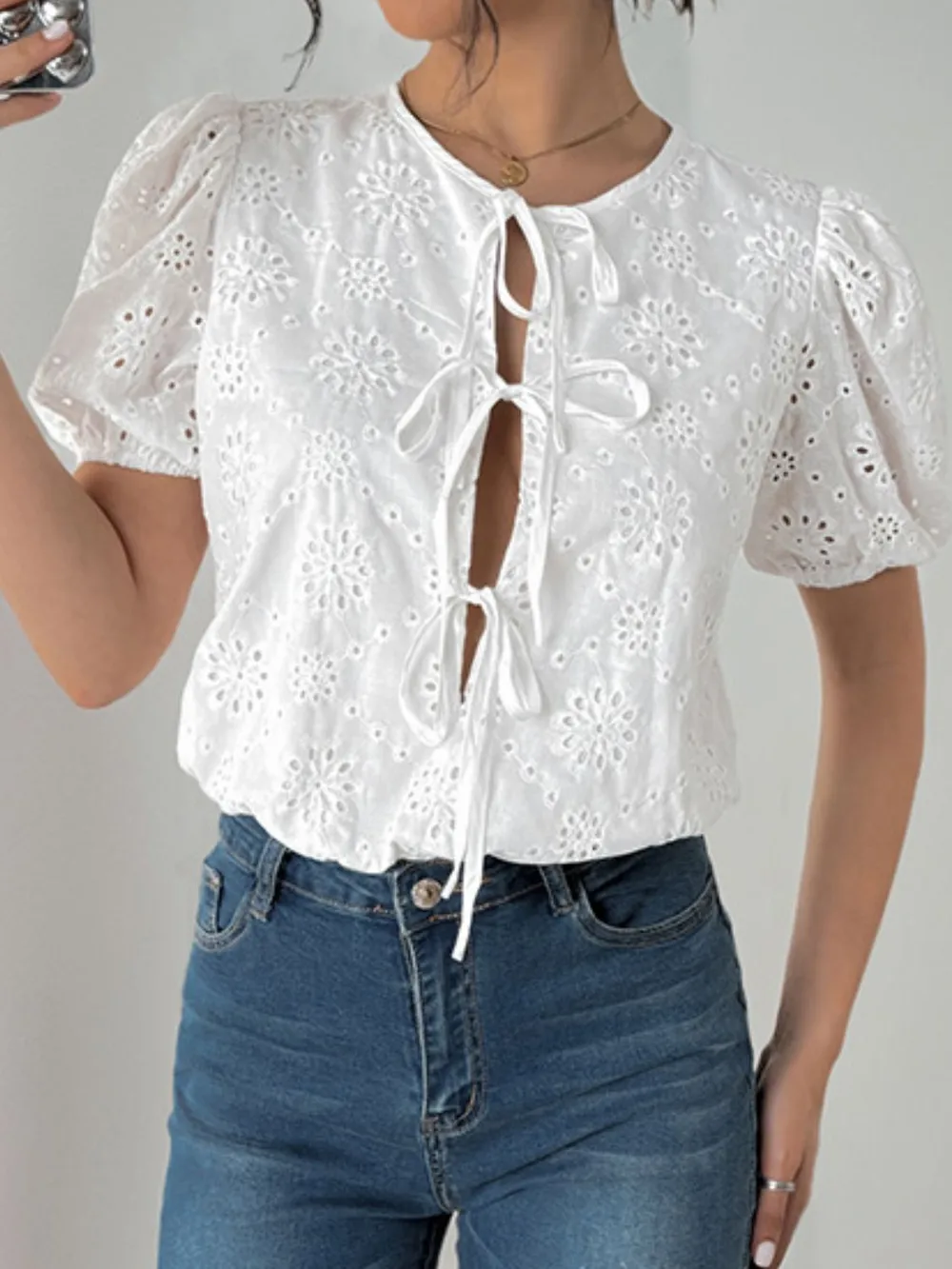Tied Eyelet Short Sleeve Bodysuit, image 7
