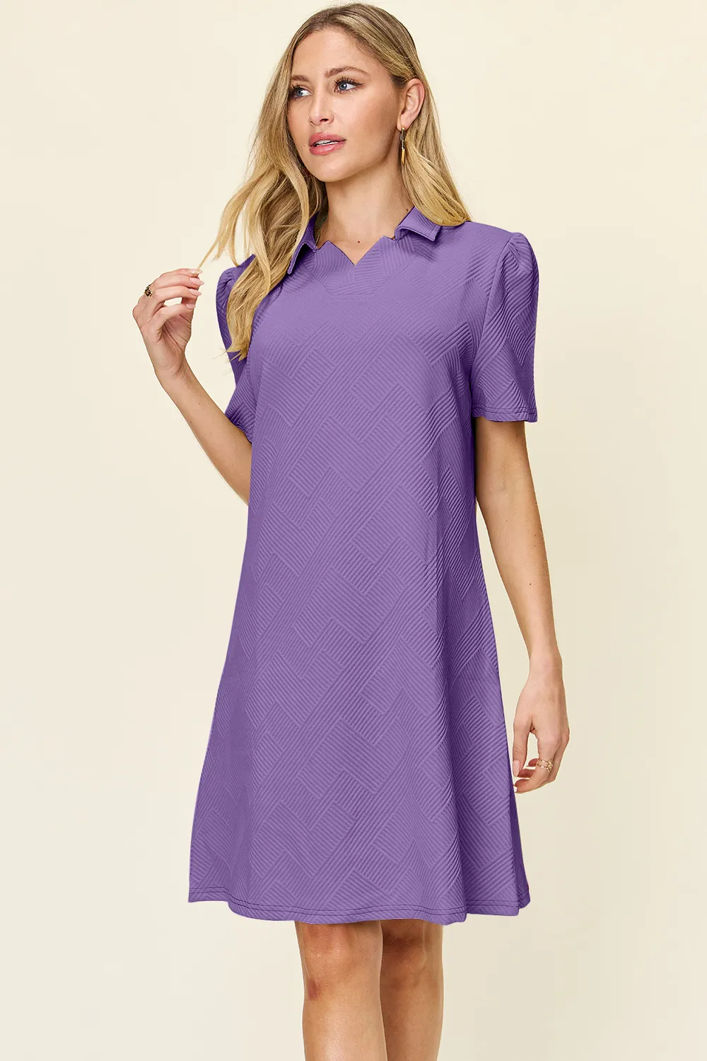 Full Size Texture Collared Neck Short Sleeve Dress, image 32