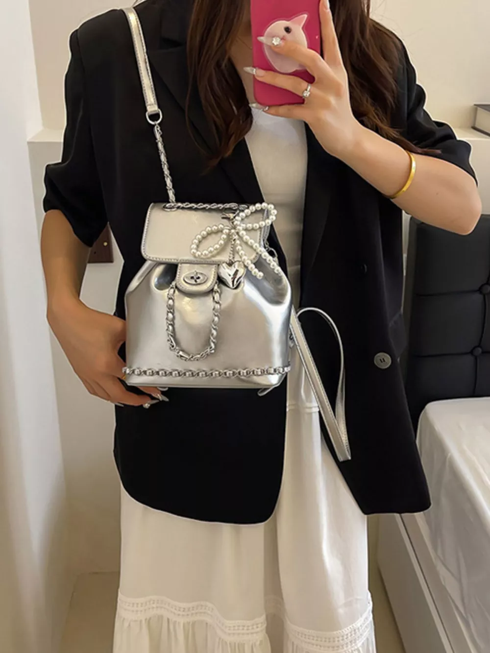 Pearl Decor Backpack Bag, image 3