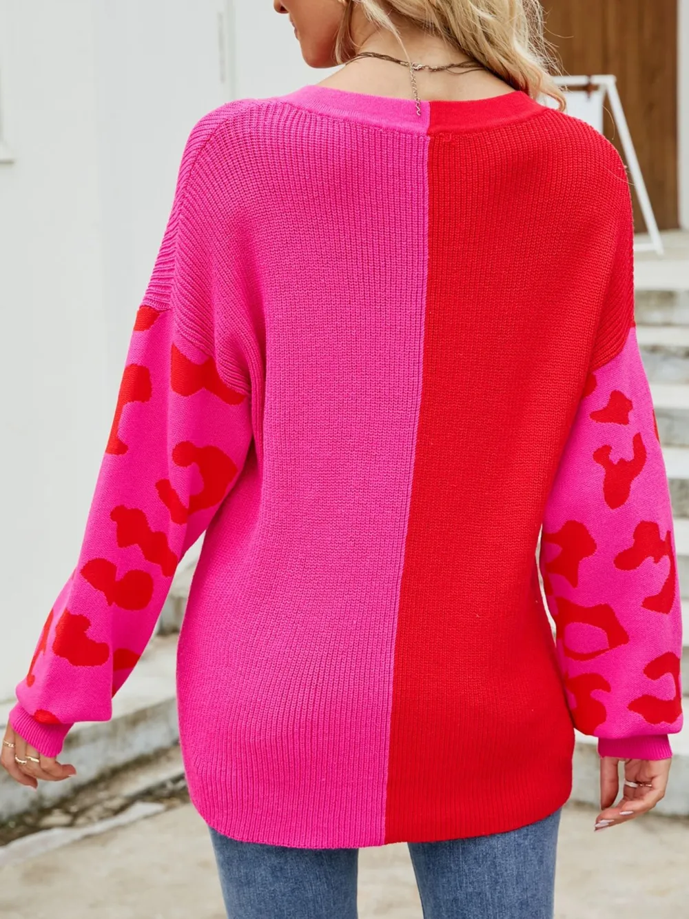 Color Block Leopard V-Neck Sweater, image 4