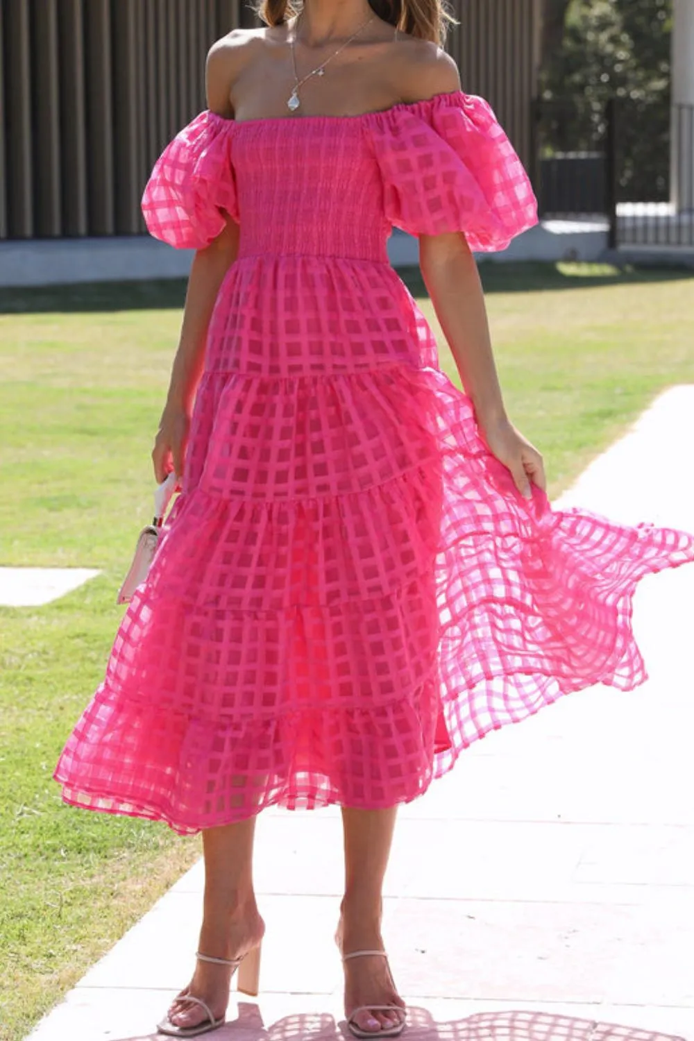 Off Shoulder Short Puff Sleeve Midi Dress, image 32