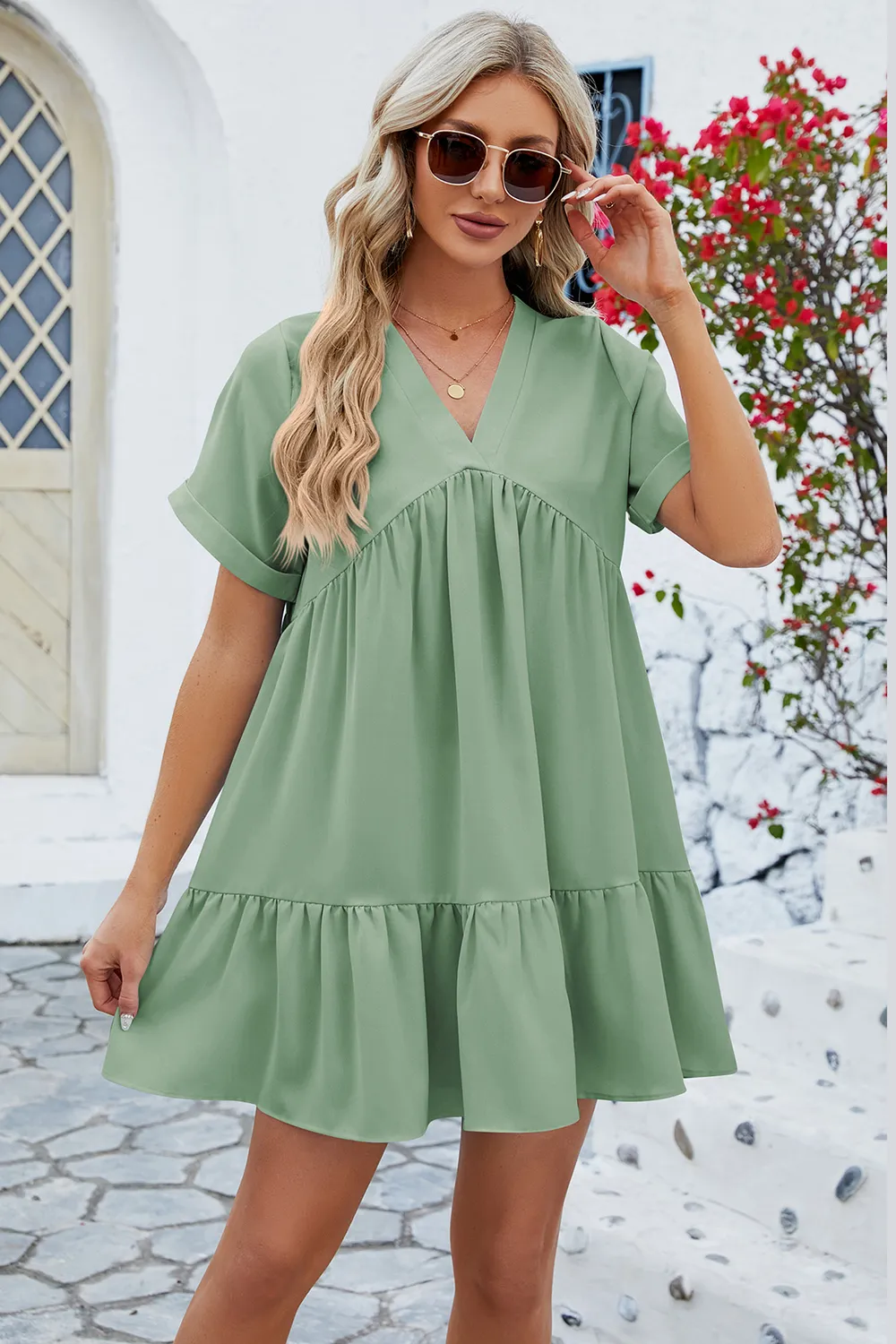 Ruched Tiered V-Neck Short Sleeve Mini Dress, image 13