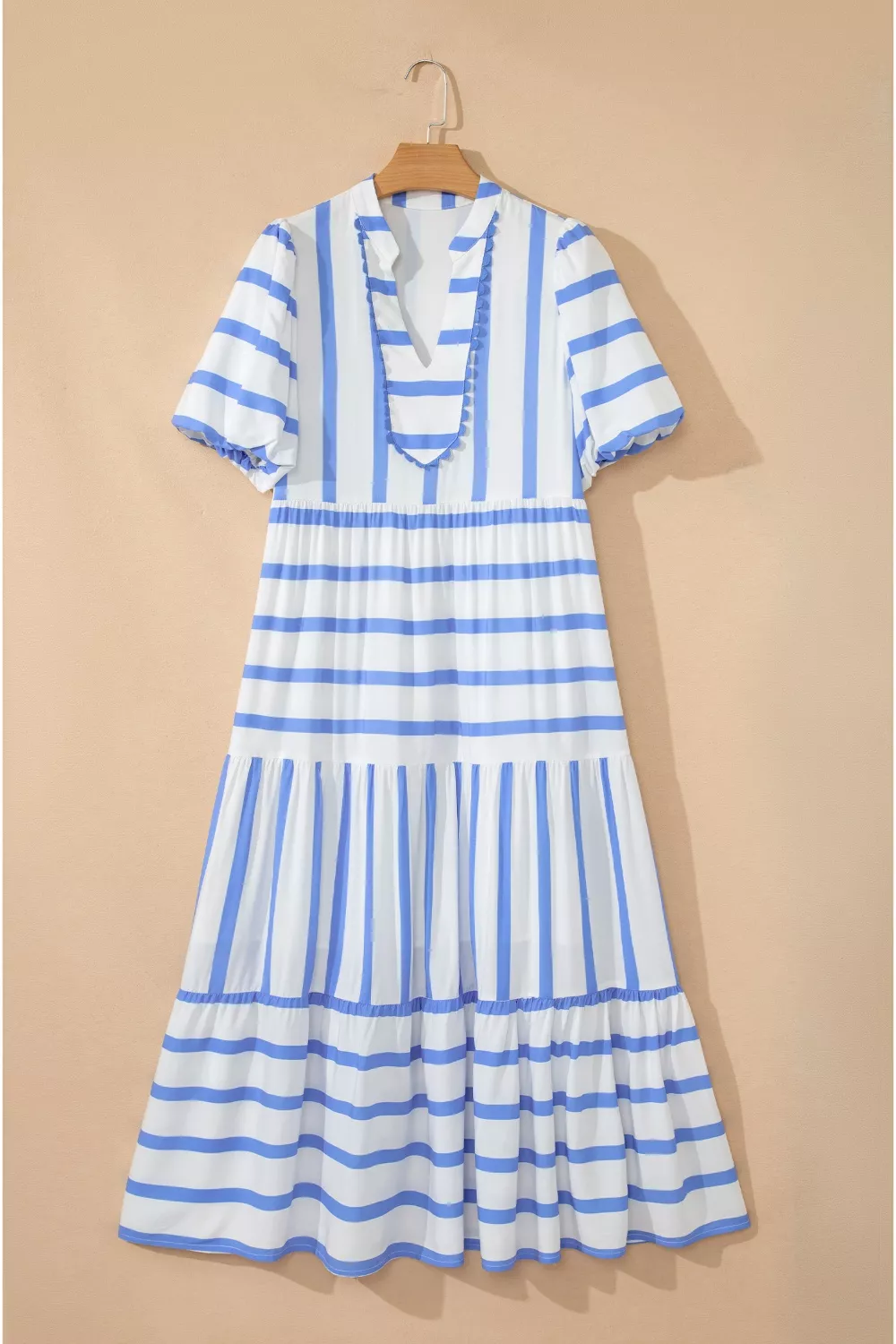 Stripe Ricrac Trim Notched Neck Half Sleeve Vacation Dress, image 5
